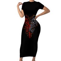 Black short-sleeve bodycon long dress with skull and red spine graphic