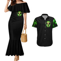 Black off-shoulder mermaid dress with green skull graphic and black short-sleeve button shirt