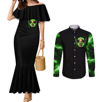 Black ruffled off-shoulder mermaid dress and matching black button shirt with skull print
