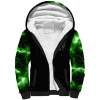 Black sherpa hoodie with white lined hood, neon green lightning sleeve panels