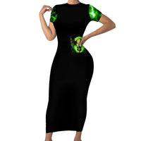 Black short-sleeve bodycon midi dress with neon green skull graphic on front