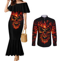 Black off-shoulder mermaid dress and long-sleeve button shirt set, flame skull print