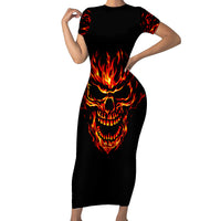 Black bodycon long dress with flame skull graphic, short sleeves
