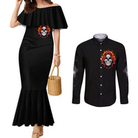 Black off-shoulder mermaid dress and button-up shirt with skull flame artwork, front