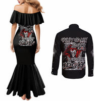 Black off-shoulder mermaid dress and long-sleeve button shirt with skull graphic