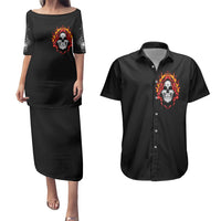 Black skull graphic dress and Hawaiian shirt set, front view of both