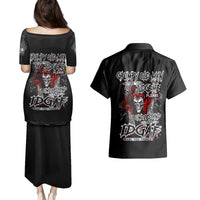 Black skull graphic dress and Hawaiian shirt set, back view of both