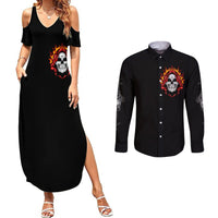Black cold-shoulder maxi dress and long-sleeve button shirt with skull flame graphic