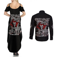 Black maxi dress with cold-shoulder cutouts and skull graphic, plus black button shirt