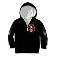 Black hoodie with front flaming skull graphic and hood up