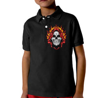Black kid polo shirt with front skull graphic in orange flames