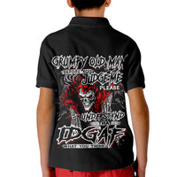 Black kid polo shirt, back graphic with skull, flames, and text
