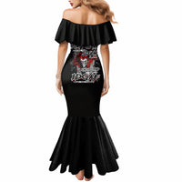 Black women’s mermaid dress with off-shoulder ruffle sleeves and skull graphic