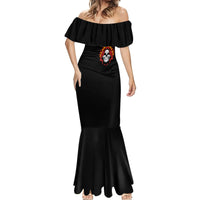 Black women’s off-shoulder mermaid dress with ruffled sleeves and skull chest emblem