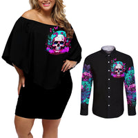 Skull Couples Matching Off Shoulder Short Dress and Long Sleeve Button Shirts Hello Darkness My Old Friend Pinky - Wonder Print Shop