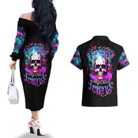 Skull Couples Matching Off The Shoulder Long Sleeve Dress and Hawaiian Shirt Hello Darkness My Old Friend Pinky - Wonder Print Shop