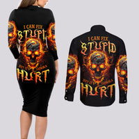 Flame Skull Couples Matching Long Sleeve Bodycon Dress and Long Sleeve Button Shirts I Can Fix Stupid But That Hurt - Wonder Print Shop