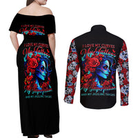 Skull Rose Couples Matching Off Shoulder Maxi Dress and Long Sleeve Button Shirts I Love My Curve My Tattoo My Imperfection - Wonder Print Shop