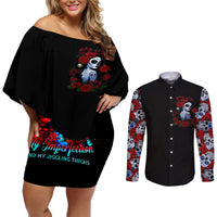Skull Rose Couples Matching Off Shoulder Short Dress and Long Sleeve Button Shirts I Love My Curve My Tattoo My Imperfection - Wonder Print Shop