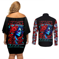 Skull Rose Couples Matching Off Shoulder Short Dress and Long Sleeve Button Shirts I Love My Curve My Tattoo My Imperfection - Wonder Print Shop