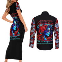 Skull Rose Couples Matching Short Sleeve Bodycon Dress and Long Sleeve Button Shirts I Love My Curve My Tattoo My Imperfection - Wonder Print Shop