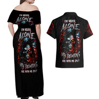 Blood Skull Couples Matching Off Shoulder Maxi Dress and Hawaiian Shirt I Never Alone My Demon With Me 24/7 - Wonder Print Shop