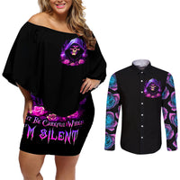 Purple Skull Couples Matching Off Shoulder Short Dress and Long Sleeve Button Shirts I Talk I Smile But Be Carefull When I SIlent - Wonder Print Shop