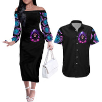 Purple Skull Couples Matching Off The Shoulder Long Sleeve Dress and Hawaiian Shirt I Talk I Smile But Be Carefull When I SIlent - Wonder Print Shop