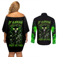 Thunder Skull Couples Matching Off Shoulder Short Dress and Long Sleeve Button Shirts If Karma Don't Hit You Trust Me I Will - Wonder Print Shop