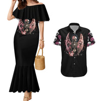 Black off-shoulder mermaid dress with angel skull wings graphic, plus black short-sleeve shirt