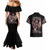 Black off-shoulder mermaid dress and black Hawaiian button-up with angel skull print