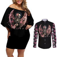 Angel Skull Couples Matching Off Shoulder Short Dress and Long Sleeve Button Shirts She Whispered Back Iam The Storm - Wonder Print Shop
