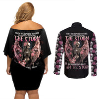 Angel Skull Couples Matching Off Shoulder Short Dress and Long Sleeve Button Shirts She Whispered Back Iam The Storm - Wonder Print Shop