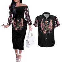 Angel Skull Couples Matching Off The Shoulder Long Sleeve Dress and Hawaiian Shirt She Whispered Back Iam The Storm - Wonder Print Shop