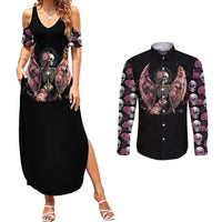 Black angel skull graphic maxi dress and button-up shirt, front view with winged floral design