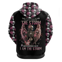Black pullover hoodie, back print of angel skeleton with roses and skulls.