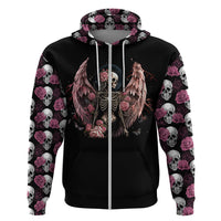 Black zip-up hoodie, front angel skeleton print, rose-skull pattern on sleeves.