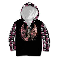 Black kid zip hoodie with hood up, angel skull chest graphic, pink rose-and-skull sleeve print.