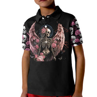 Black kid polo shirt with front angel skull, pink roses and winged artwork