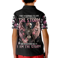 Black kid polo shirt with angel skull graphic, roses and winged design on back