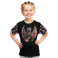 Black kids T-shirt with angel skull and wing graphic, skull surrounded by roses