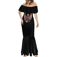 Black off-shoulder mermaid dress with short sleeves ruffled neckline and skull angel print