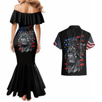 Black off-shoulder mermaid dress with skull graphic; black Hawaiian shirt with flag-sleeve print