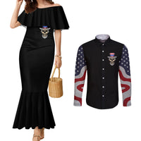 Black off-shoulder maxi mermaid dress and black button shirt with skull badge print