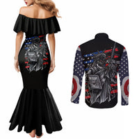 Black off-shoulder mermaid dress and long-sleeve button shirt set with skull graphic
