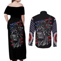 American Skull Couples Matching Off Shoulder Maxi Dress and Long Sleeve Button Shirts In Gun We Trust - Wonder Print Shop