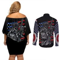 American Skull Couples Matching Off Shoulder Short Dress and Long Sleeve Button Shirts In Gun We Trust - Wonder Print Shop