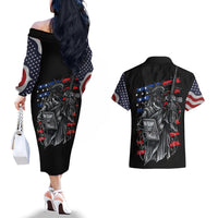 American Skull Couples Matching Off The Shoulder Long Sleeve Dress and Hawaiian Shirt In Gun We Trust - Wonder Print Shop