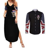 Black graphic sleeveless maxi dress and matching long-sleeve button shirt with star sleeve print