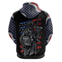 Black pullover hoodie with American flag hood and sleeves; “In Guns I Trust” skull graphic
